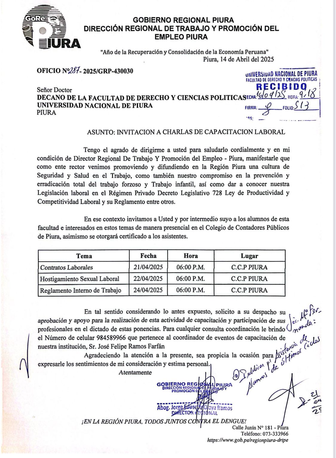 Invitación a Charlas de Capacitación Laboral-Gobierno Regional de Piura