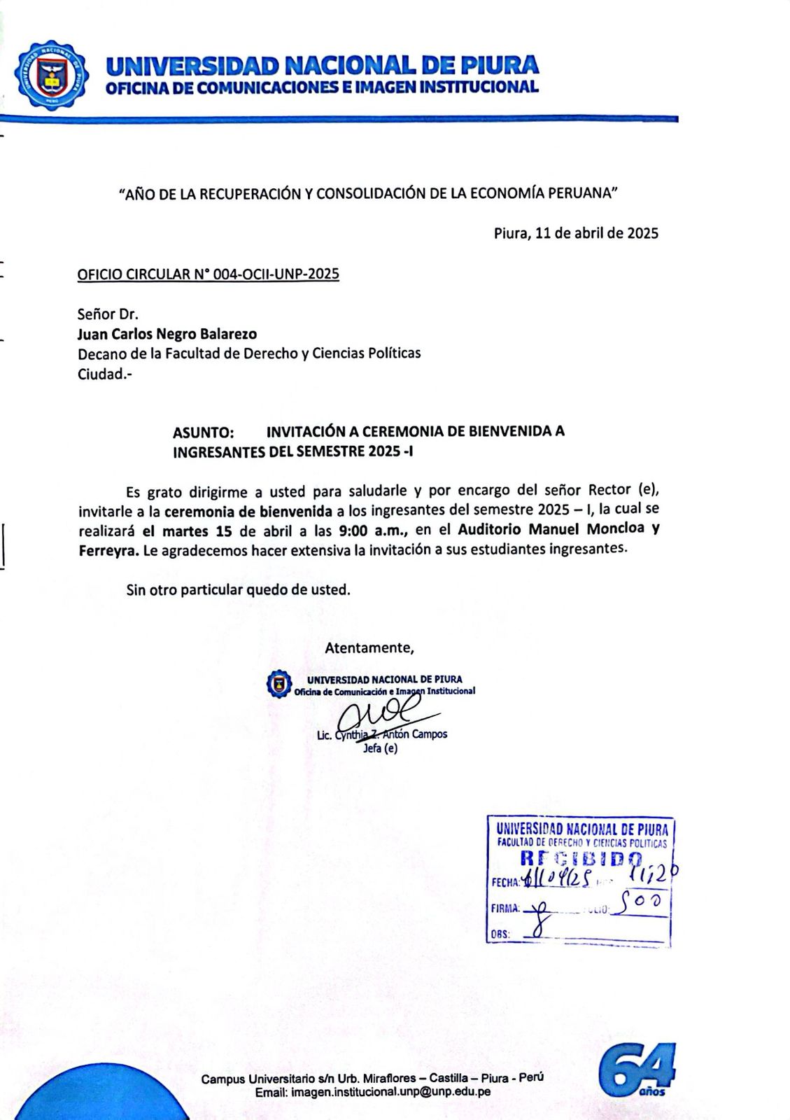 Ceremonia de Bienvenida a Ingresantes del Semestre 2025-I