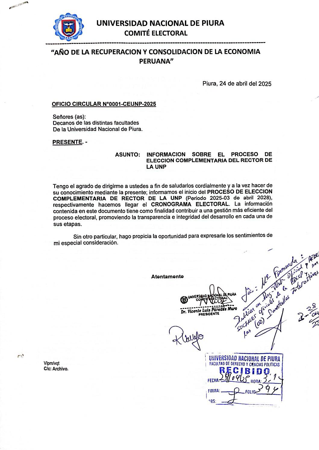 COMUNICADO OFICIAL – PROCESO DE ELECCIÓN COMPLEMENTARIA DE RECTOR UNP