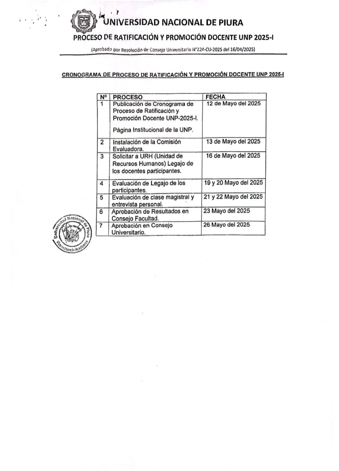 CRONOGRAMA DE PROCESO DE RATIFICACIÓN Y PROMOCIÓN DOCENTE UNP 2025-01