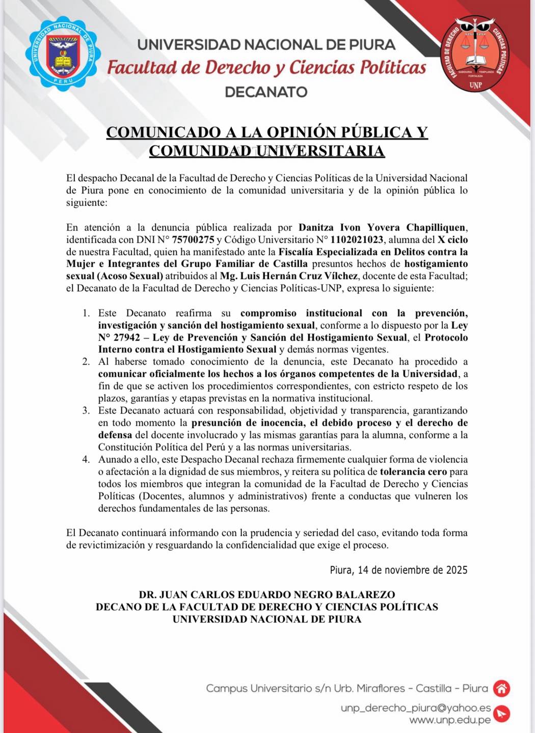COMUNICADO A LA OPINIÓN PÚBLICA Y COMUNIDAD UNIVERSITARIA