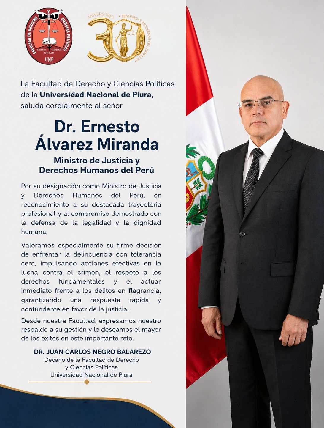 Cordial saludo y felicitación al Dr. Ernesto Álvarez Miranda por su designación como Ministro de Justicia y Derechos Humanos del Perú.