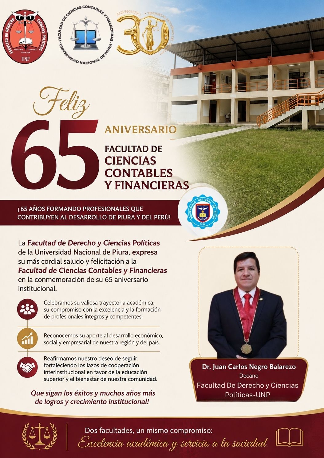 ¡SALUDO INSTITUCIONAL POR EL 65.° ANIVERSARIO DE LA FACULTAD DE CIENCIAS CONTABLES Y FINANCIERAS!