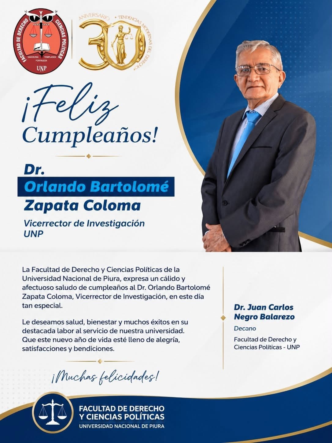La Facultad de Derecho y Ciencias Políticas de la UNP saluda al Vicerrector de Investigación en su onomástico