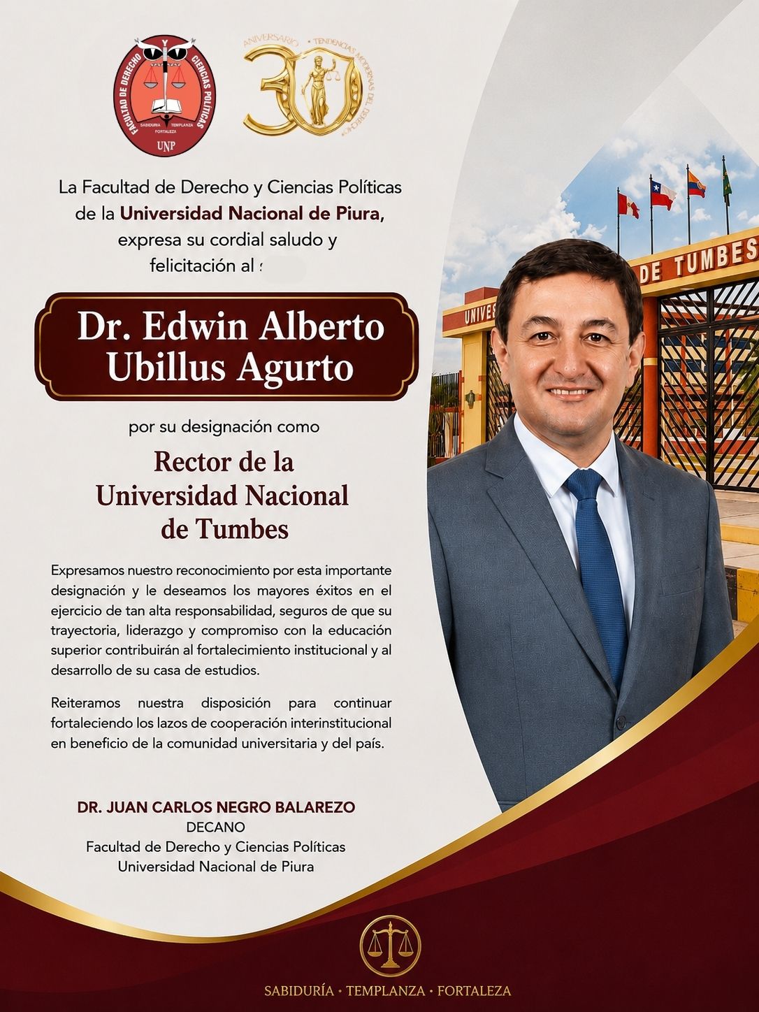 SALUDO INSTITUCIONAL AL NUEVO RECTOR DE LA UNIVERSIDAD NACIONAL DE TUMBES